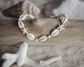 Kaurischelp strandstijl enkelbandje met beige zeester Boho