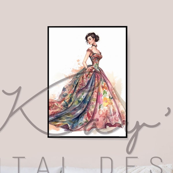 Harmony Gown Fashion Illustration Art Digital Download Prints Wall Art Beautiful Dress Sketch Fashion Decor Drawing of Dress Women Formal