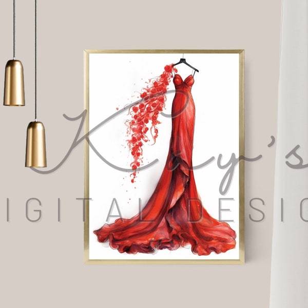 Remi Dress Fashion Illustration Art Instant Digital Download Printable Wall Decor Poster Ruby Red Dress Gift for Girlfriend Living Room