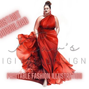 Giselle Dress Fashion Illustration Digital Printable Download Red Formal Dress Poster Wall Art Pretty Birthday Gifts One-Shoulder Dresses