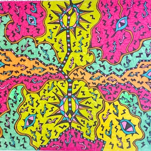 May include: Abstract artwork with a vibrant color palette. The design features repeating patterns of pink, yellow, green, and orange shapes, including eyes and lightning bolts. The artwork has a psychedelic feel.