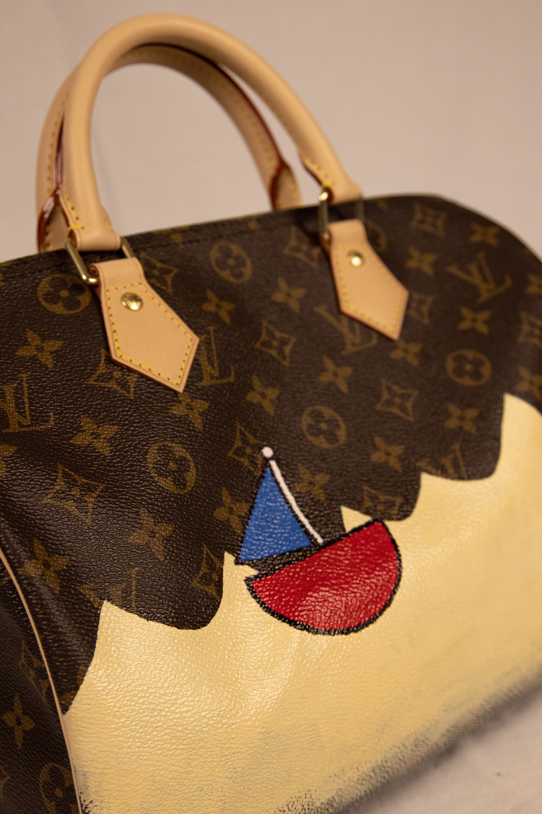 hand painted acrylic Monstera deliciosa on monogram LV speedy 30 bag