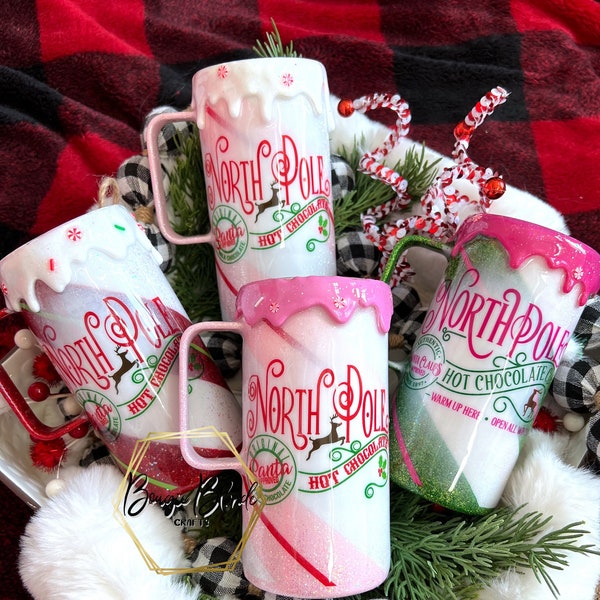 Glitter Peppermint Swirl Hot Chocolate Christmas Cup Personalized/ Customized Stainless Steel Tumbler/ Mug