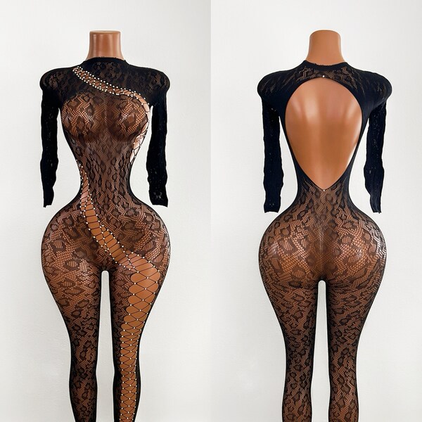 Exotic Cheetah Body Stocking in Black