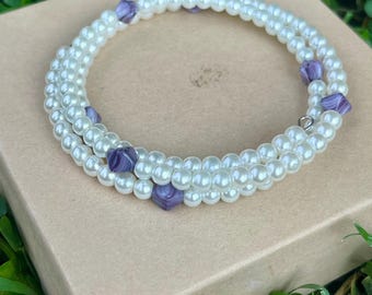 Pearl and Purple Memory Wire Bracelet