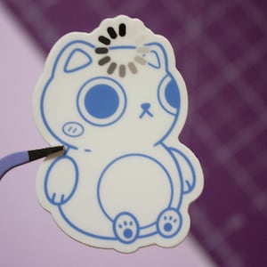 May include: A white sticker with a blue outline of a cartoon cat with large blue eyes. The cat has a loading circle on its head with black and grey segments.