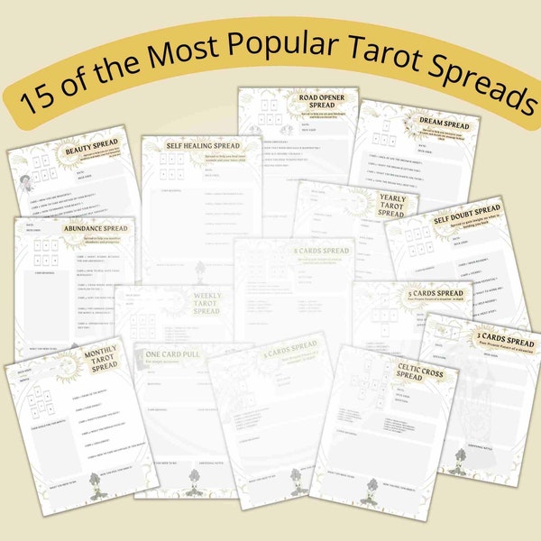 15 TAROT SPREAD EXAMPLES Cheat Sheet, Tarot Spread Guide, Tarot Cheat Sheets, Divination Readings, Oracles /Witchy /Abundance