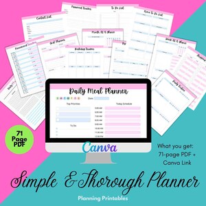 Puede incluir: Un planificador digital con un esquema de color rosa y azul. El planificador incluye un planificador de comidas diario, una lista de tareas, un rastreador de contraseñas, un rastreador de cumpleaños, un planificador de objetivos, una lista de contactos, un mes de un vistazo, una semana de un vistazo, una lista de compras y un planificador de rutina diaria. El planificador está disponible como un PDF de 71 páginas e incluye un enlace de Canva.