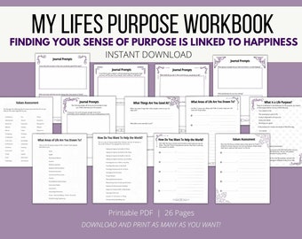 Find your life purpose, passion, career path, soul purpose, printable workbook, self development, life planner, purpose planning journal