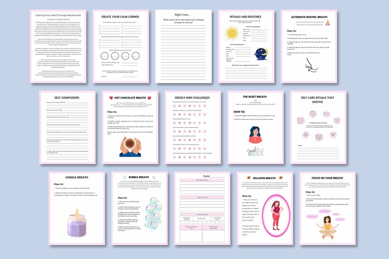 May include: A printable worksheet with pink and white borders, featuring a variety of breathing exercises and self-care rituals. The worksheet includes illustrations of a candle, a hot chocolate mug, a balloon, and a bubble. The text on the worksheet includes phrases like "Create Your Calm Corner", "Self-Compassion", "Hot Chocolate Breath", "Weekly Mini Challenges", "Candle Breath", "Bubble Breath", "Balloon Breath", "Focus on Your Breath", "Alternate Nostril Breath", "The Reset Breath", and "Self-Care Rituals That Soothe".