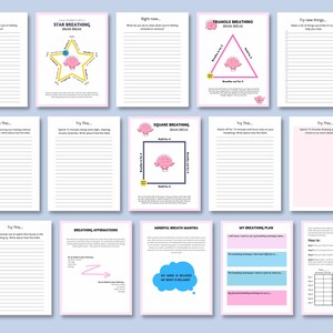 May include: Printable worksheets with pink and blue illustrations of a brain with different breathing exercises. The exercises include star breathing, triangle breathing, square breathing, mindful breath mantra, breathing affirmations, and a breathing plan. The worksheets are designed to help with relaxation and stress management.