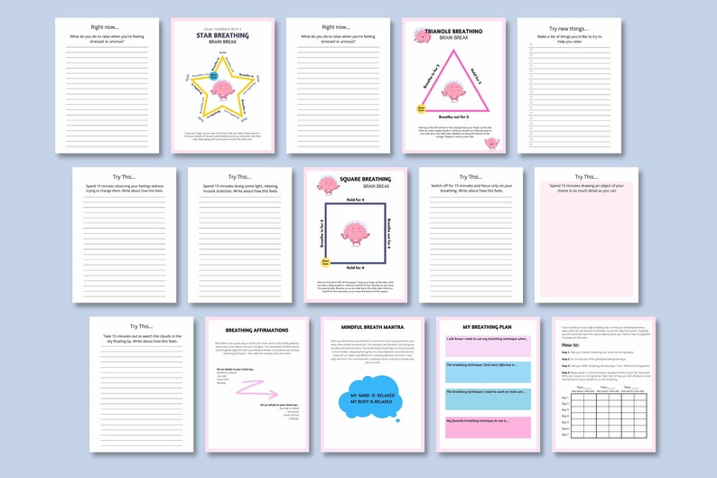 May include: Printable worksheets with pink and blue illustrations of a brain with different breathing exercises. The exercises include star breathing, triangle breathing, square breathing, mindful breath mantra, breathing affirmations, and a breathing plan. The worksheets are designed to help with relaxation and stress management.