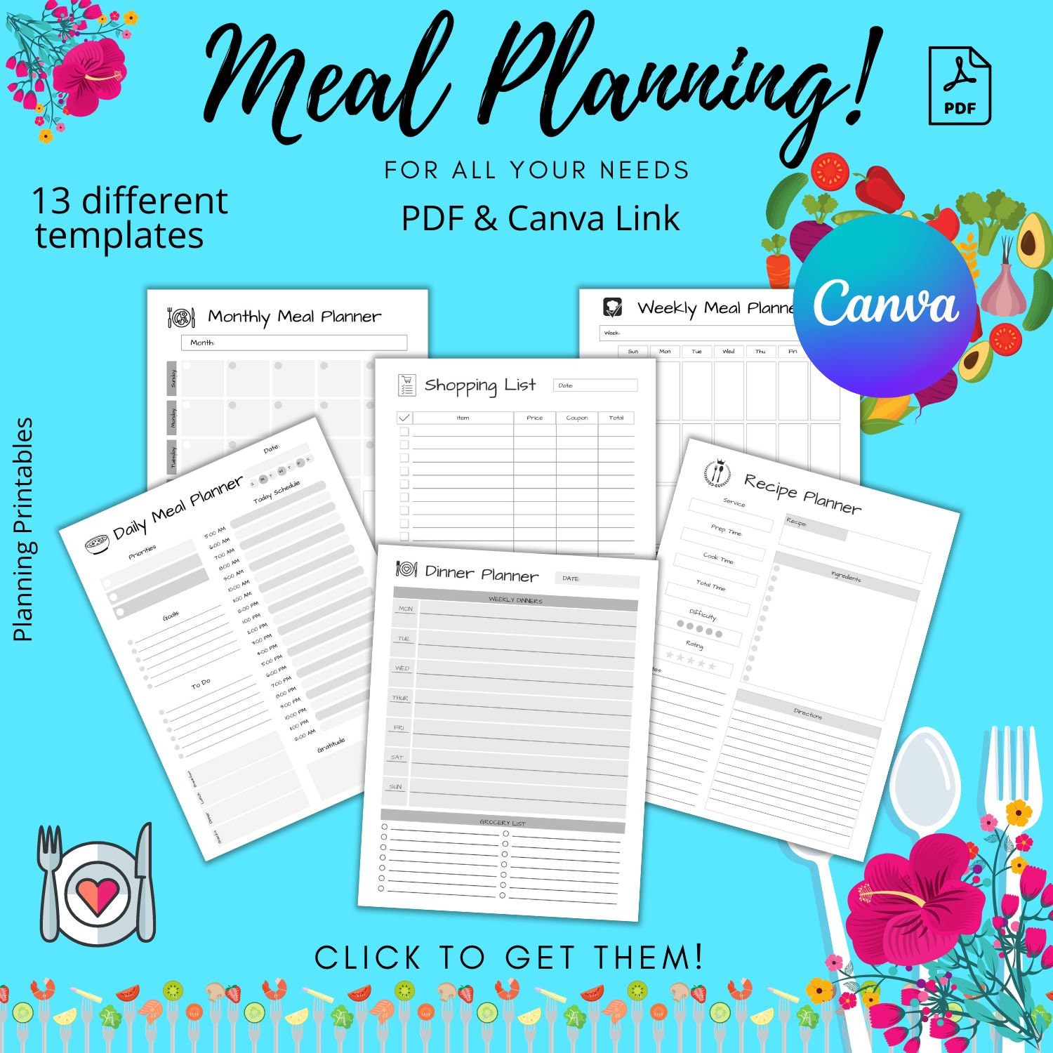 Editable Meal Planner in Canva | Canva Template Pack | Recipe Templates ...