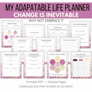 Pode incluir: Um planejador PDF imprimível com um padrão geométrico rosa e branco. O planejador é intitulado "Meu Planejador de Vida Adaptável: A mudança é inevitável. Por que não abraçá-la?" e inclui páginas para definir a mudança, experiências de mudança passadas, impacto da mudança, preparação para a mudança, sistema de apoio à mudança, como se adaptar à mudança e a seleção de um hábito.