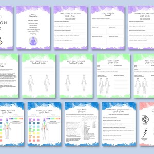 May include: A set of printable worksheets for Reiki practitioners and clients. The worksheets include sections for client intake, chakra balance, self-help practices, expanding consciousness, and Reiki symbols. The worksheets are designed with a watercolor background and feature the Japanese characters for Reiki.