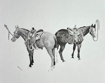 Two horses tied up ORIGINAL 7x10