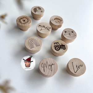 Könnte beinhalten: Neun Holzgriffe mit verschiedenen Designs, darunter ein Löwe, ein Pferd, ein Einhorn, ein Dinosaurier, ein Regenbogen, ein Traktor, ein Fuchs und zwei Griffe mit den Namen "Maja" und "Levi" eingraviert.