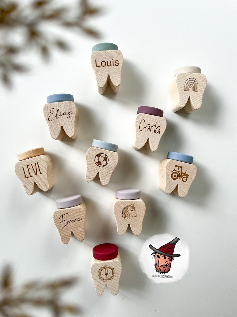 Personalized Tooth Box Tooth boxes Milk tooth box made of wood with name and motif Gift idea child colorful Gift tooth fairy image 1