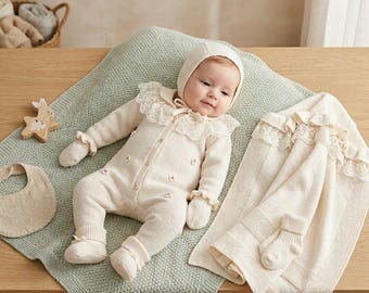 Newborn Girl First Outfit - Elegant Cream Knit Footless Jumpsuit with Floral Details, Fancy Lace Ruffle & Matching Accessory Set