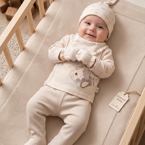 May include: A baby in a beige outfit, including a hat, top, trousers, and mittens, lies in a wooden cot. The top has an embroidered teddy bear and the text "Little Bear". A tag reads "Handmade Quality - election".