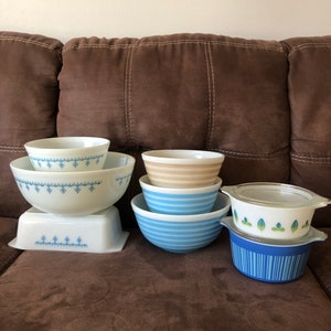 Pyrex blue straps, bar code, snow flakes, leave dishes