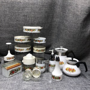 Spice of life 6 cup tea pot, clear jars, mixer, sugar bowl, vinegar receipt box etc