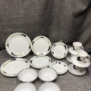 Corelle black orchid dinner, salad, desert plates, cereal bowls, saucers, mugs