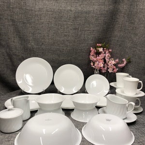 Corelle just white Abendessen, Mittagessen, Wüstenteller, Untertassen, Becher, Müsli, Salatschalen