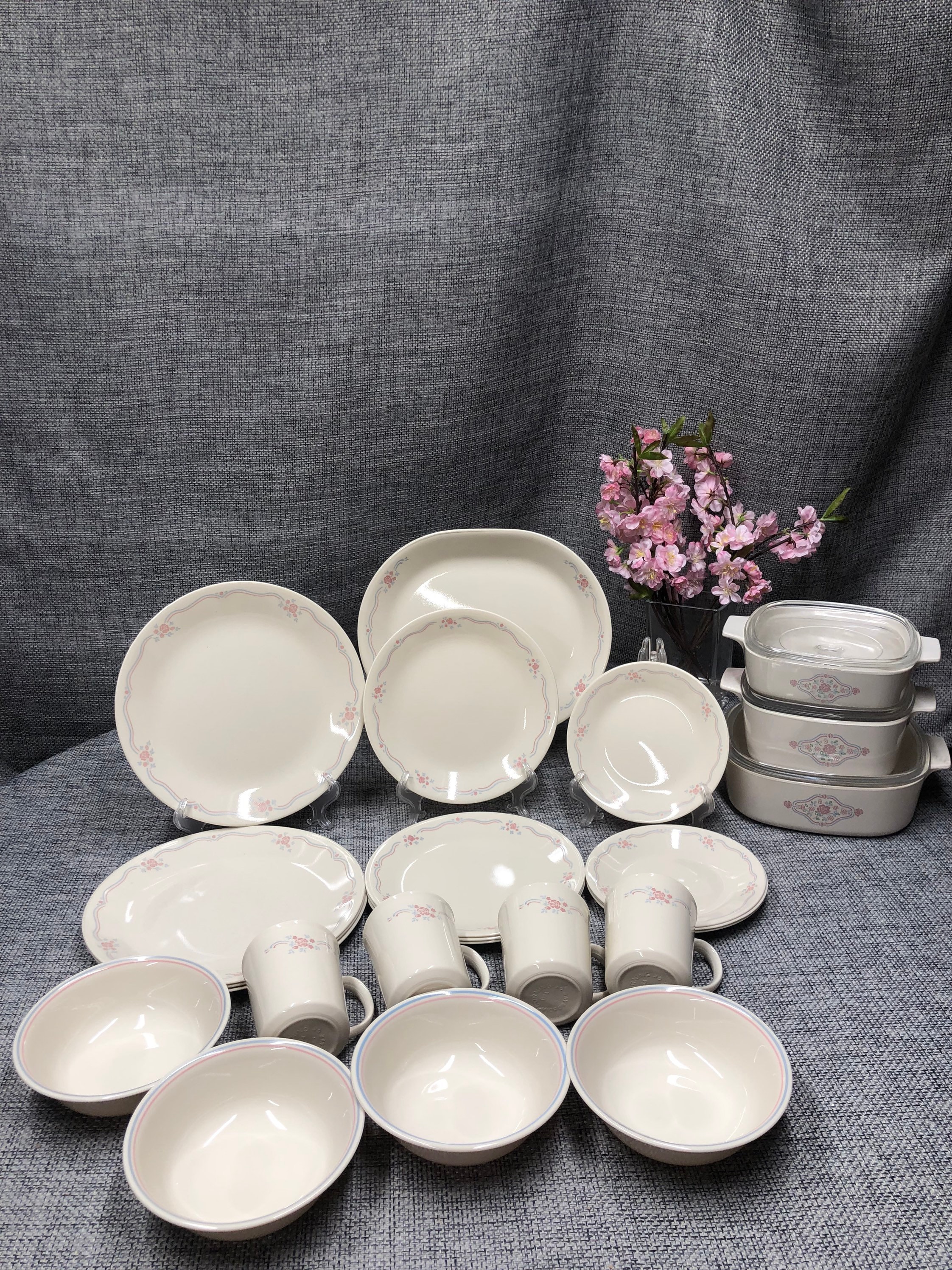 Corelle English Breakfast Dinner, Luncheon, Desert Plates, Mugs