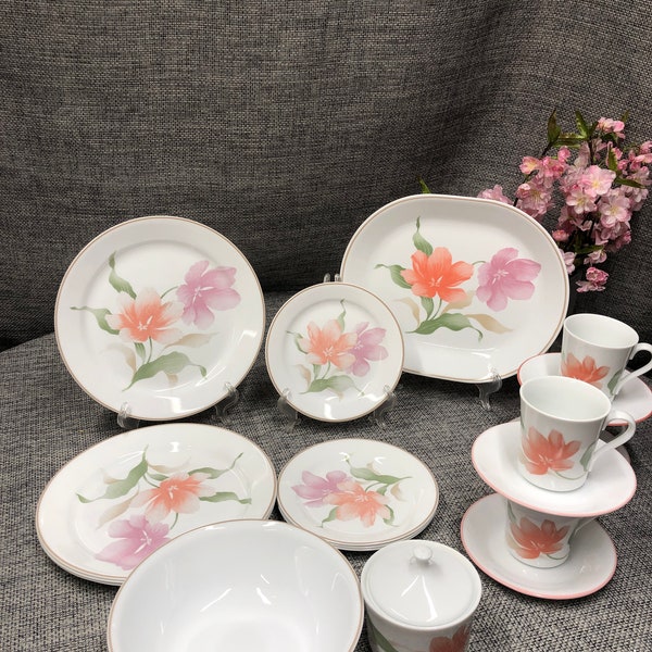 Corelle Peony Dinnerware Pink and Lavender Flowers, Dinner, Dessert plates, Platter, Mugs, Saucer, Sugar bowl