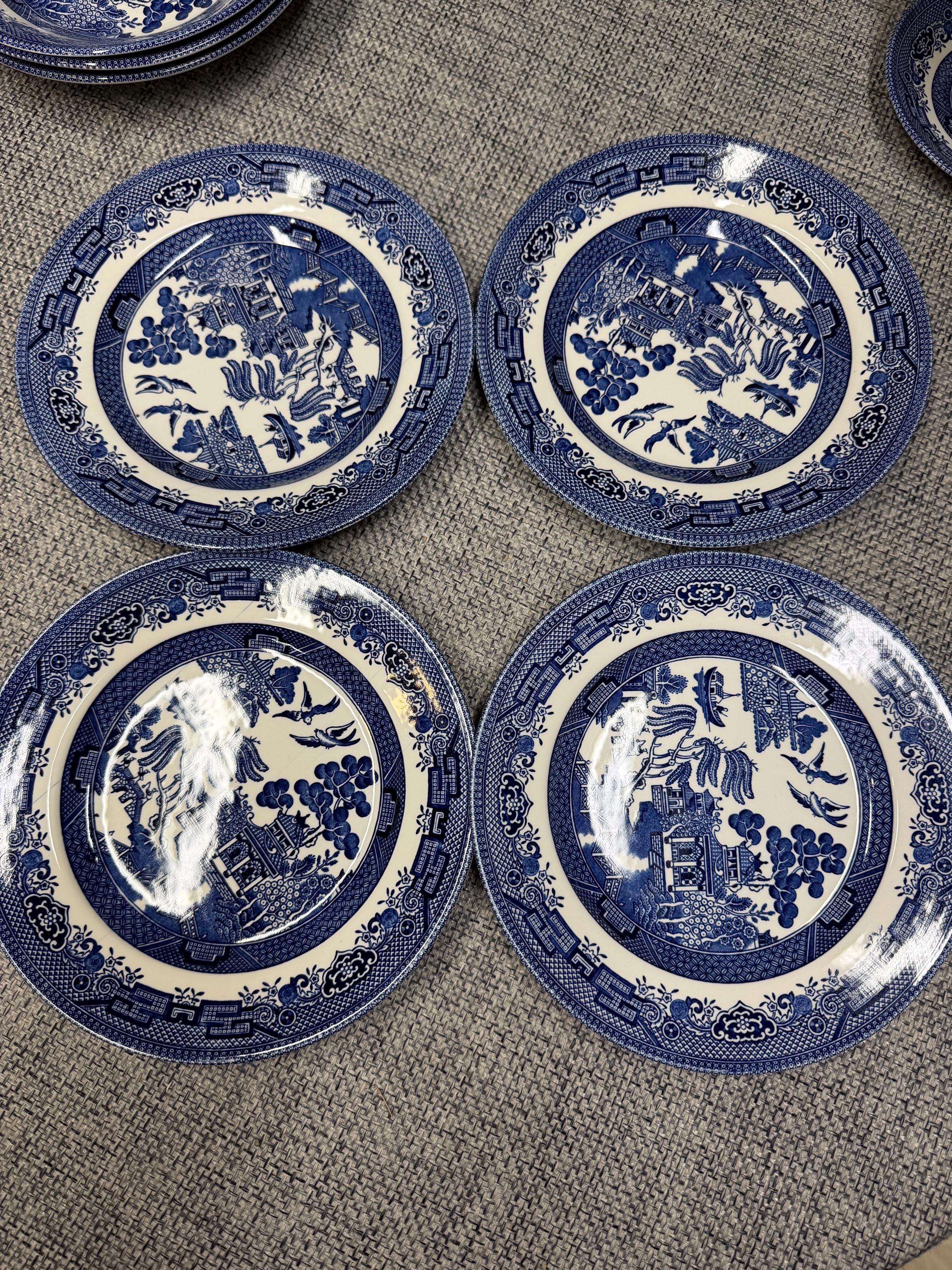 Blue Willow Churchill Dinner, Saucer, Mugs, Tea Pot, Gravy Boat
