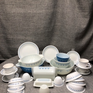 Pyrex snow flakes Cinderella, mixers, Butter dish, Corelle dinner, luncheon, desert plates, mugs, cereal bowls dishes