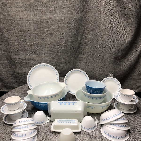 Pyrex snow flakes Cinderella, mixers, Butter dish, Corelle dinner, luncheon, desert plates, mugs, cereal bowls dishes