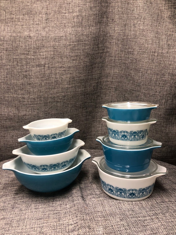 Pyrex Blue Horizons Casseroles 475,474,473,471 & Cinderella