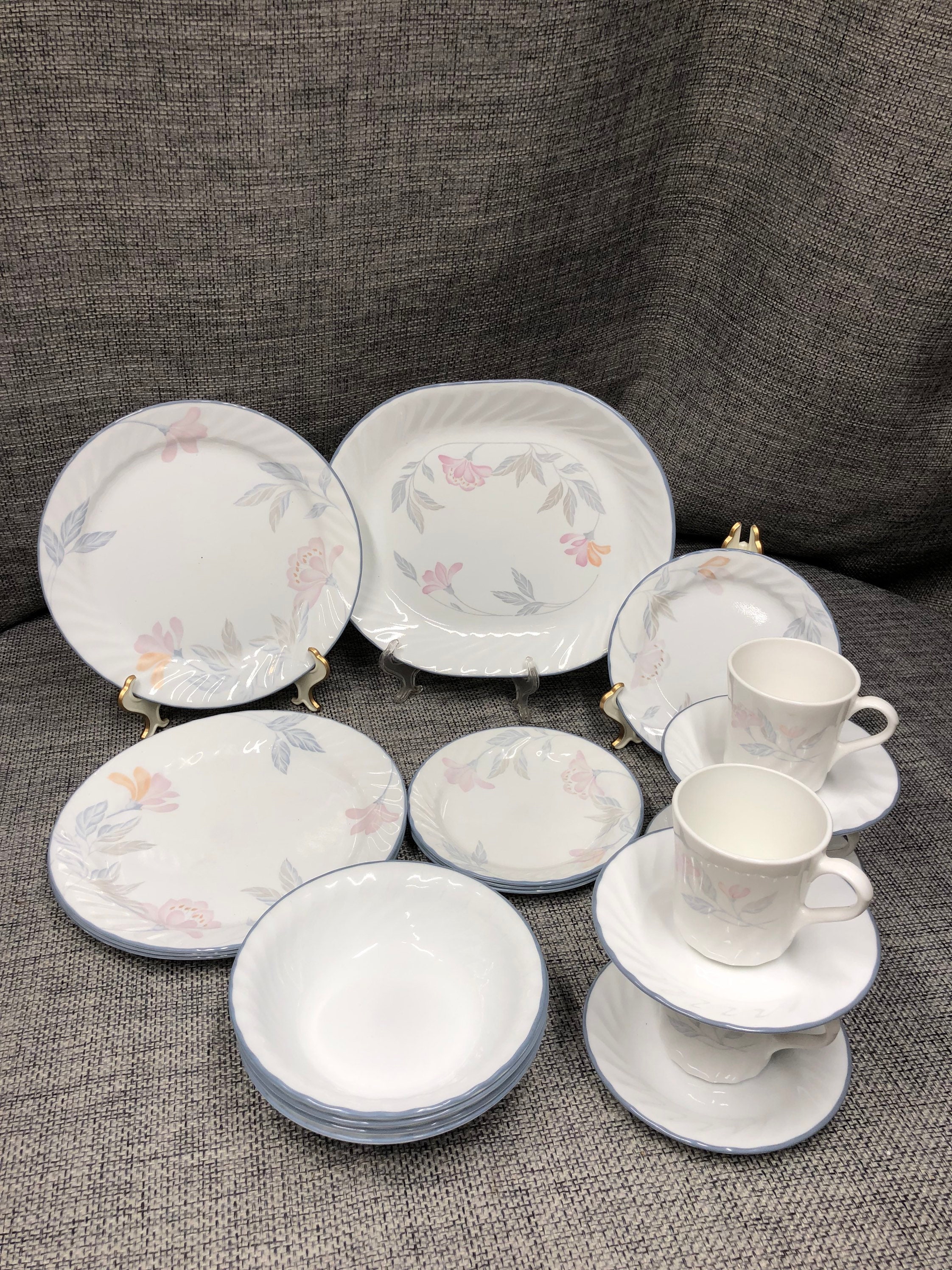 Corelle Pink Trio Dinnerware Set: Floral Swirl Plates, Bowls, Mugs
