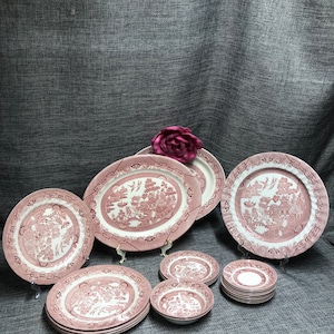 Pink willow Churchill, Wessex Staffordshire Dinner,Deseer plate, saucer, cereal bowls, platter