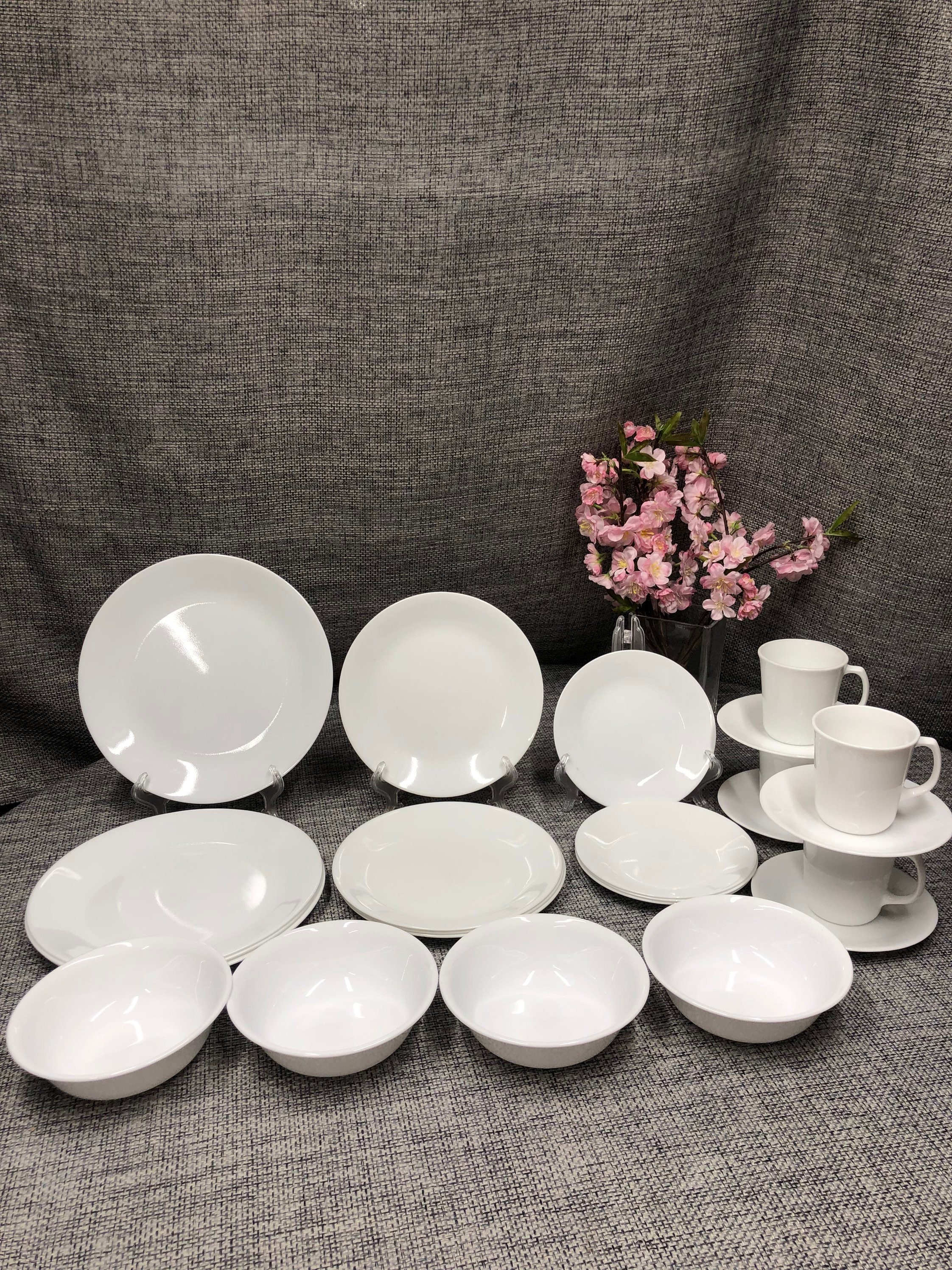 Corelle Just White Dinner, Luncheon, Desert Plates, Saucers, Mugs