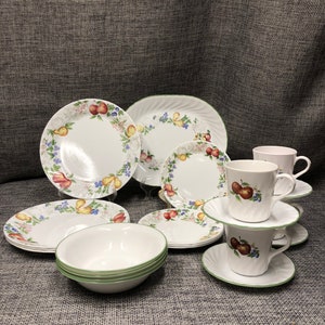 Corelle Chutnty dinner, desert, cereal bowls, saucer, mugs, platter