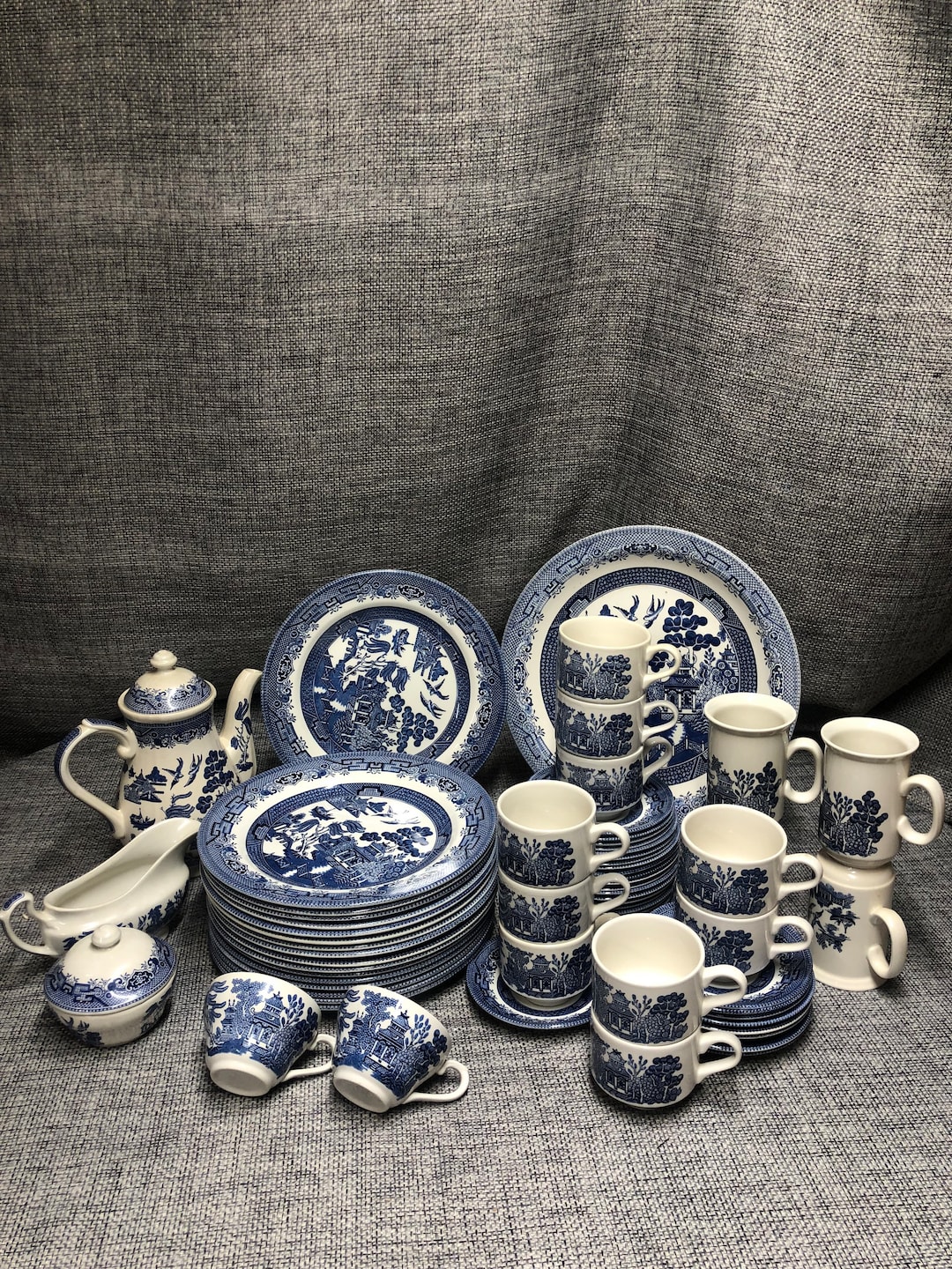 Blue Willow Churchill Dinner, Saucer, Mugs, Tea Pot, Gravy Boat