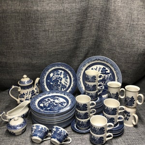 Blue willow Churchill Dinner, saucer, mugs, tea pot, gravy boat, sugar bowl