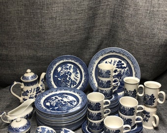 Blue willow Churchill Dinner, saucer, mugs, tea pot, gravy boat, sugar bowl