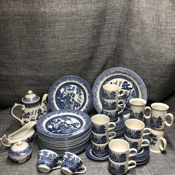 Blue willow Churchill Dinner, saucer, mugs, tea pot, gravy boat, sugar bowl