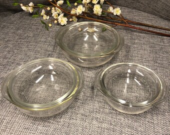 6 PCs Pyrex clear round Casserole dishes 022 023 024 + Dome lids 1 qt, 1.5qt, 2qt made in USA