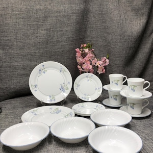 Corelle Blue Dusk Blue Bell Flower Purple Floral dinner, desert plates, cereal bowls, mugs, saucers