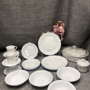 Corelle English meadow dinner, desert plates, cereal bowls, saucers, mugs