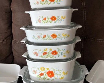 Corning Ware Wild Flower with glass lids various sizes