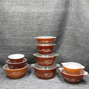 Cazuela de trigo Pyrex naranja Autumn Harvest 471-475, batidoras 401-403, Cenicienta 441 442