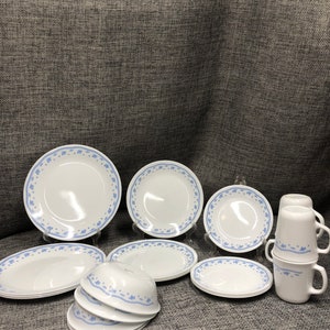 Corelle morning blue flower dinner, luncheon, desert plates, cereal bowls, mugs
