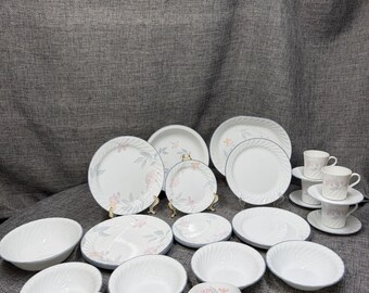 Corelle Pink Trio Floral Swirl Dinnerware Set: Plates, Bowls, Mugs