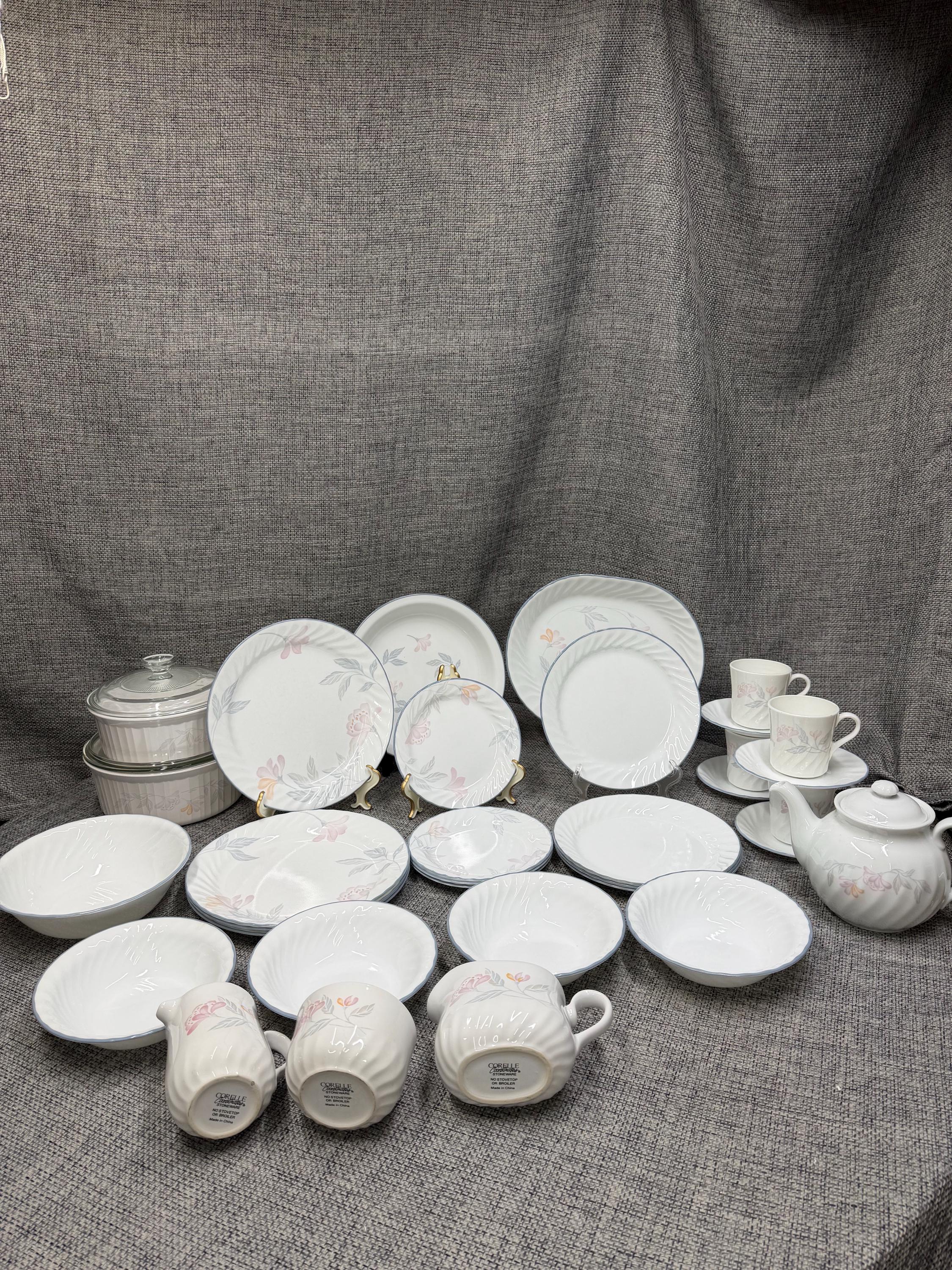 Corelle Pink Trio Floral Swirl Dinnerware Set: Plates, Bowls, Mugs